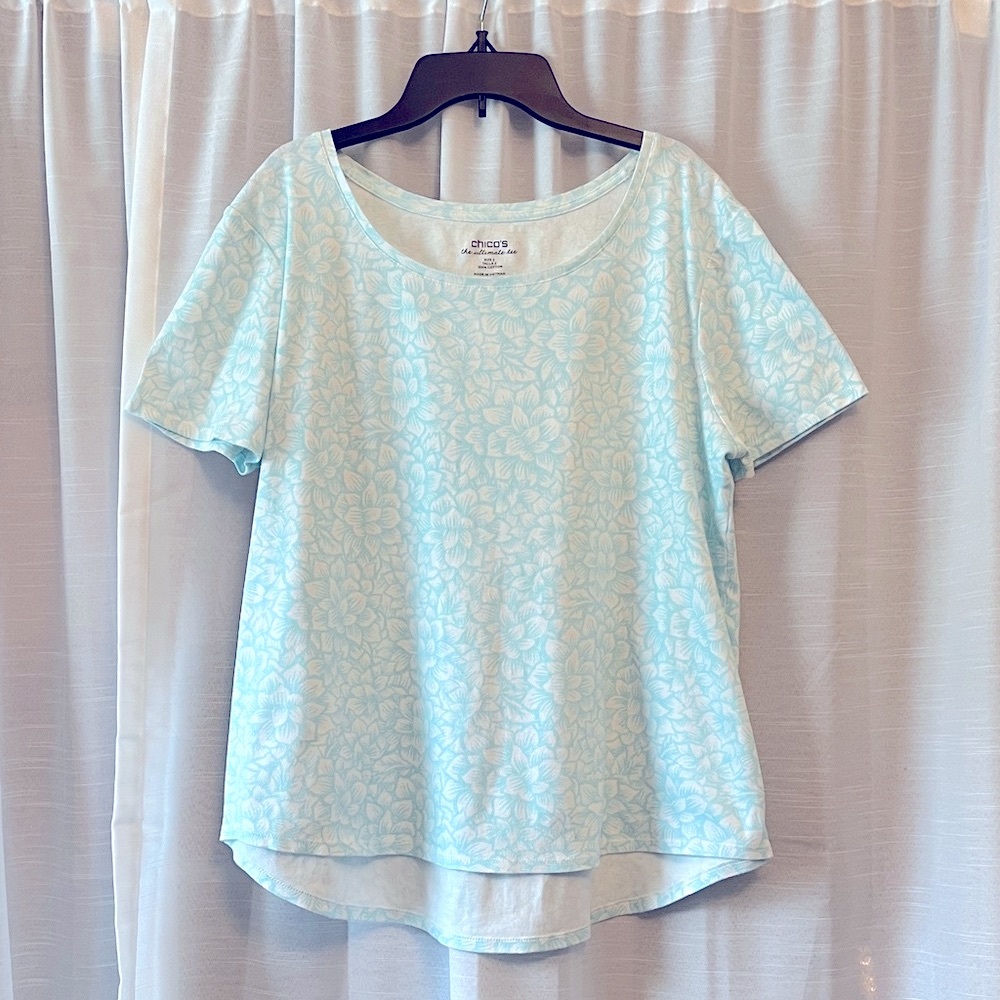 Chico's Aqua Floral Short Sleeve Top